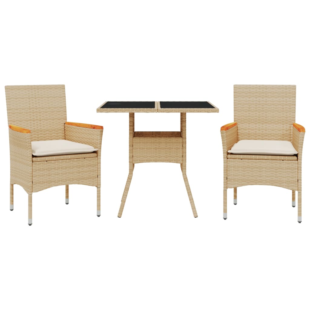 3-delige Tuinset met kussens poly rattan en glas beige