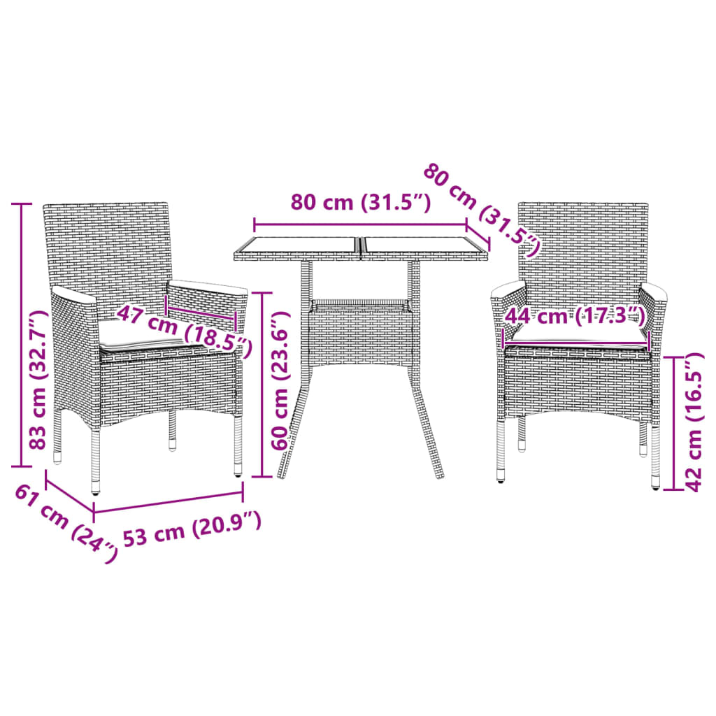3-delige Tuinset met kussens poly rattan en glas beige