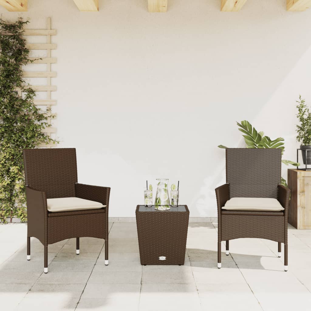 3-delige Bistroset met kussens poly rattan en glas bruin is nu te koop bij PeponiXL, paradijselijk wonen!