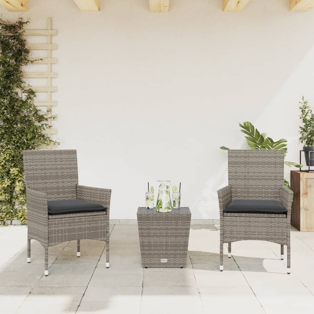 3-delige Bistroset met kussens poly rattan en glas grijs is nu te koop bij PeponiXL, paradijselijk wonen!