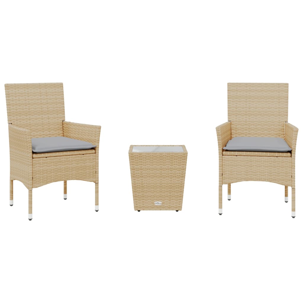 3-delige Bistroset met kussens poly rattan en glas beige is nu te koop bij PeponiXL, paradijselijk wonen!