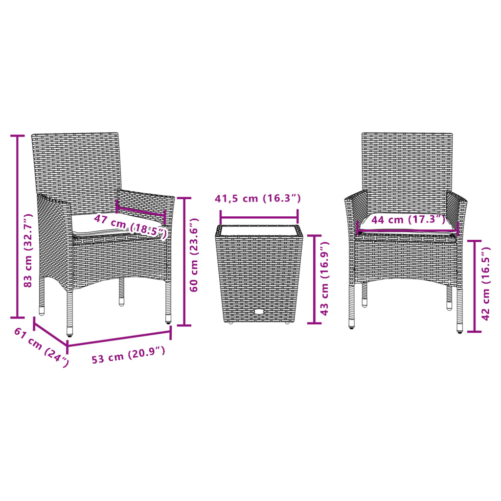 3-delige Bistroset met kussens poly rattan en glas beige is nu te koop bij PeponiXL, paradijselijk wonen!