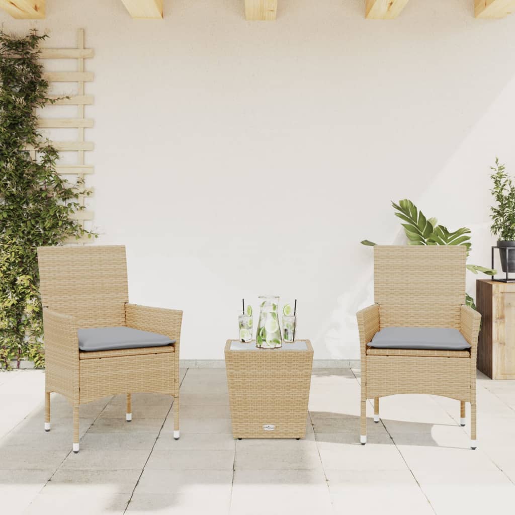 3-delige Bistroset met kussens poly rattan en glas beige is nu te koop bij PeponiXL, paradijselijk wonen!