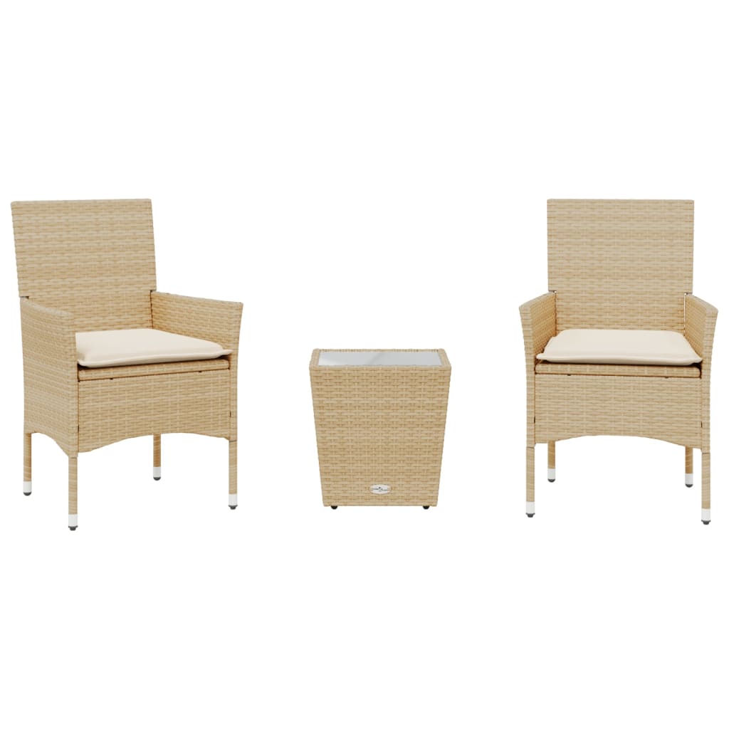 3-delige Bistroset met kussens poly rattan en glas beige is nu te koop bij PeponiXL, paradijselijk wonen!