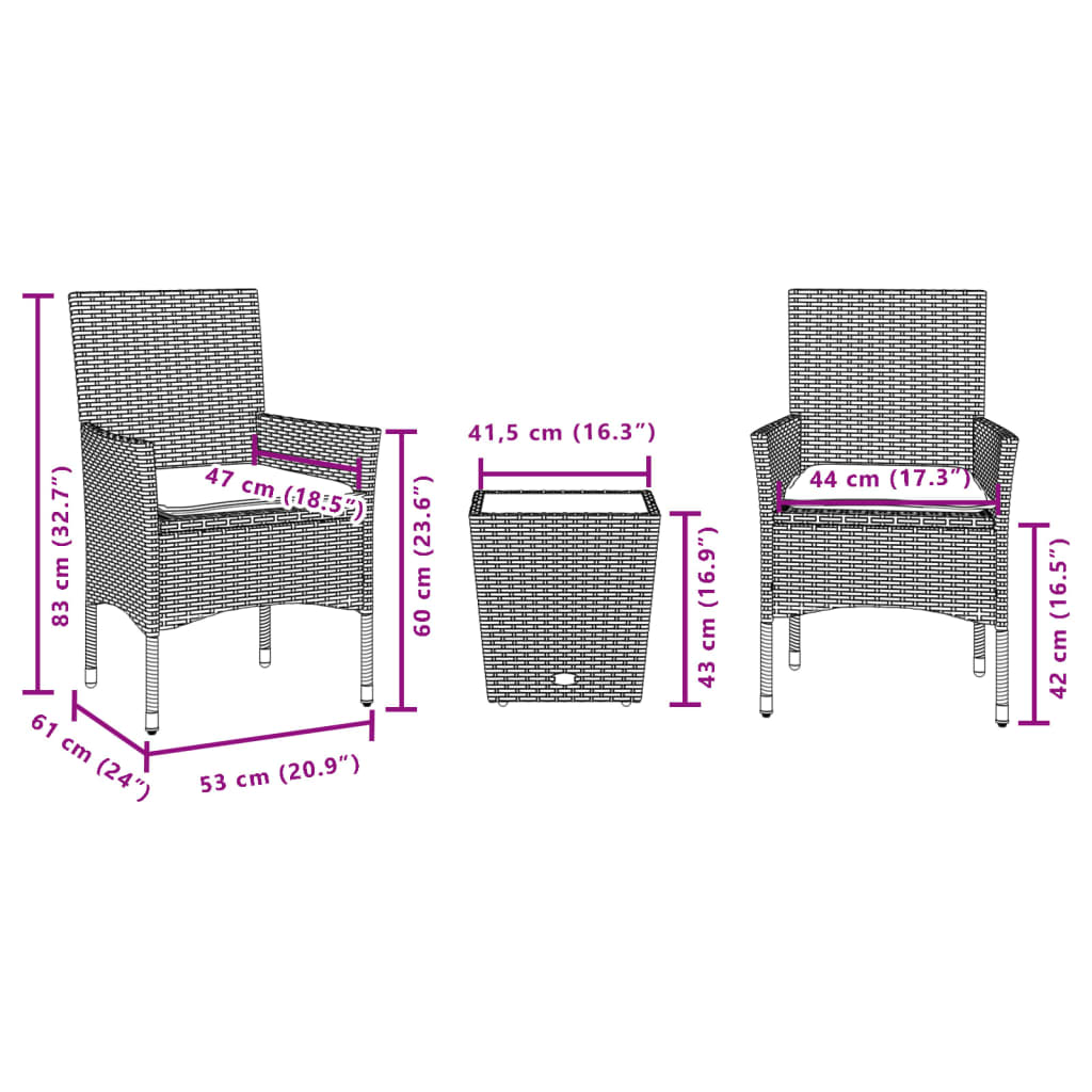3-delige Bistroset met kussens poly rattan en glas beige is nu te koop bij PeponiXL, paradijselijk wonen!