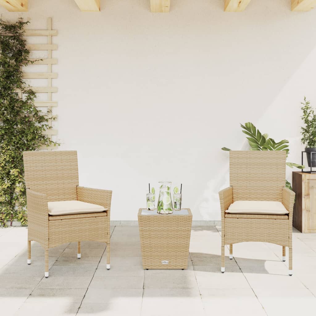3-delige Bistroset met kussens poly rattan en glas beige is nu te koop bij PeponiXL, paradijselijk wonen!
