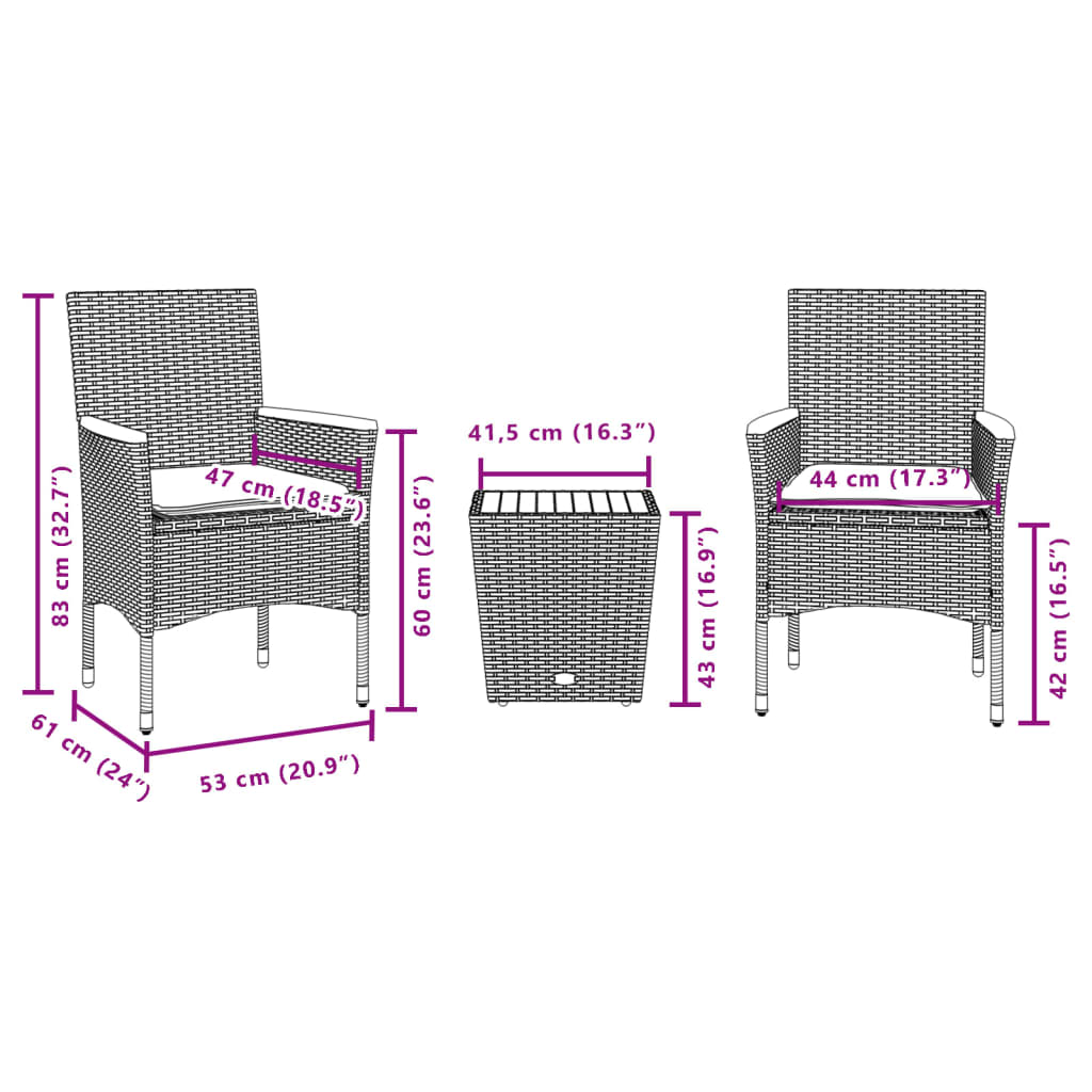 3-delige Bistroset met kussens poly rattan en glas grijs is nu te koop bij PeponiXL, paradijselijk wonen!
