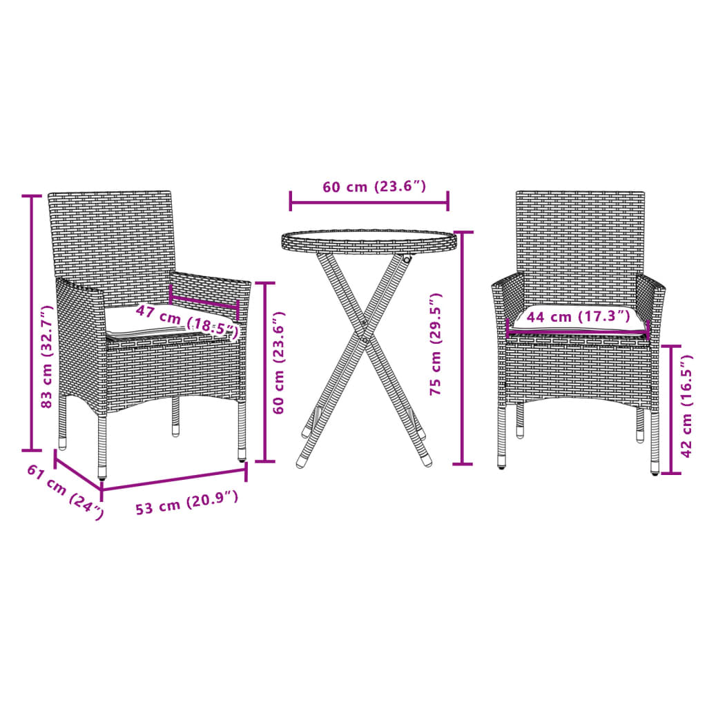 3-delige Bistroset met kussens poly rattan en glas grijs is nu te koop bij PeponiXL, paradijselijk wonen!