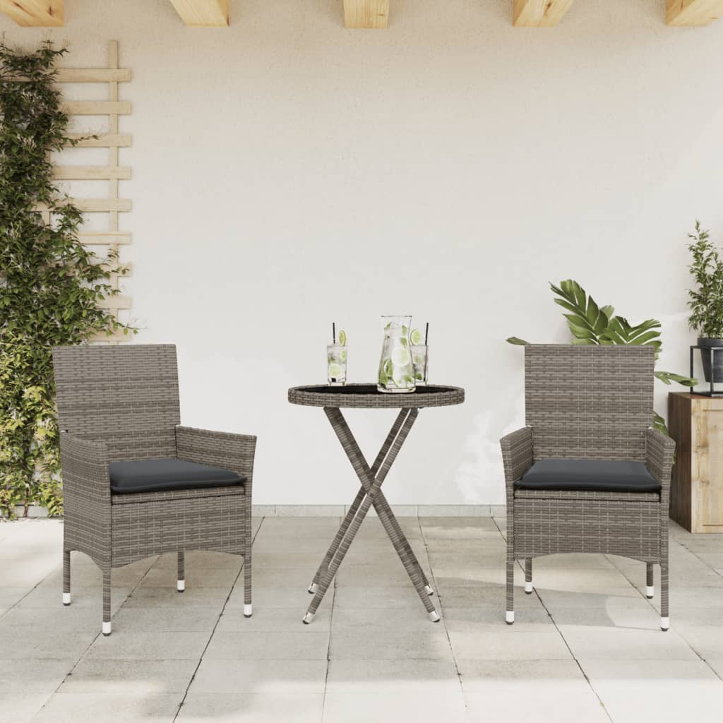 3-delige Bistroset met kussens poly rattan en glas grijs is nu te koop bij PeponiXL, paradijselijk wonen!