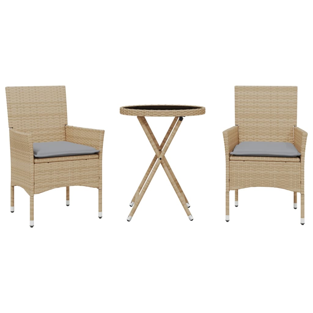 3-delige Bistroset met kussens poly rattan en glas beige is nu te koop bij PeponiXL, paradijselijk wonen!