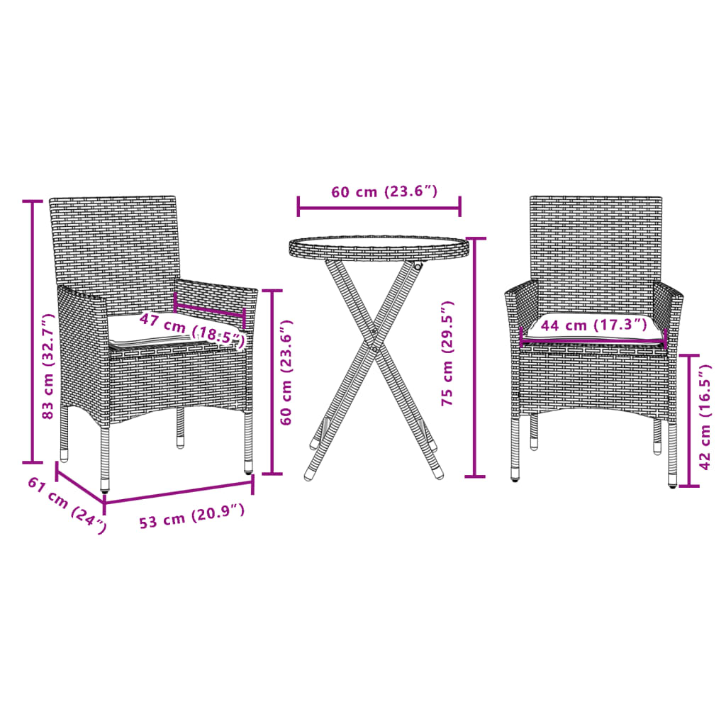 3-delige Bistroset met kussens poly rattan en glas beige is nu te koop bij PeponiXL, paradijselijk wonen!