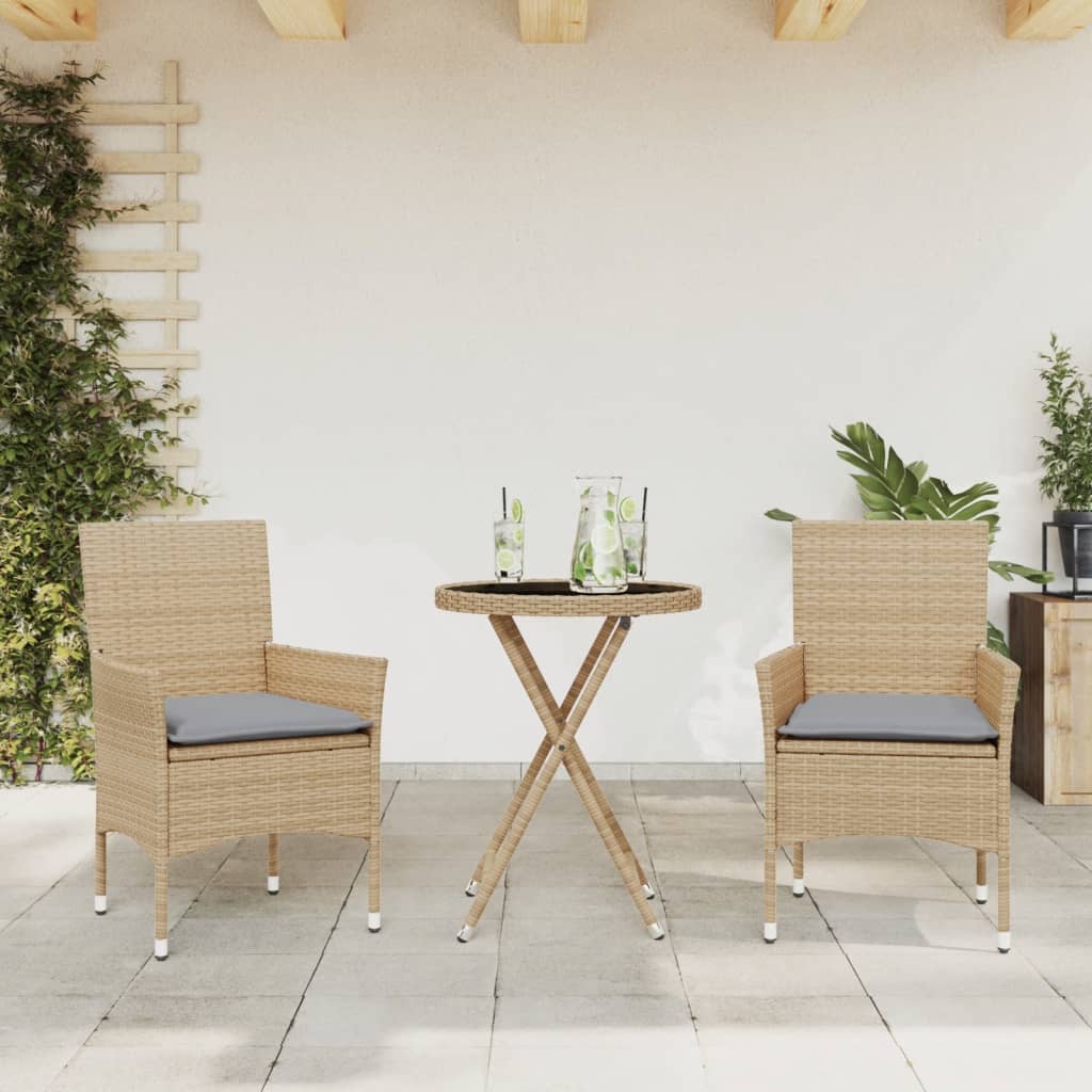 3-delige Bistroset met kussens poly rattan en glas beige is nu te koop bij PeponiXL, paradijselijk wonen!