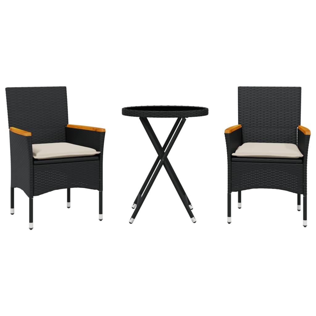 3-delige Bistroset met kussens poly rattan en glas zwart is nu te koop bij PeponiXL, paradijselijk wonen!