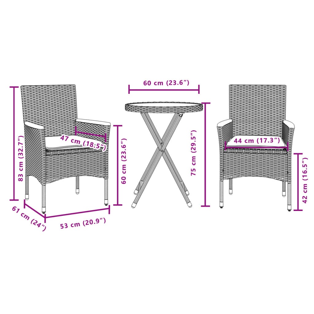 3-delige Bistroset met kussens poly rattan en glas zwart is nu te koop bij PeponiXL, paradijselijk wonen!