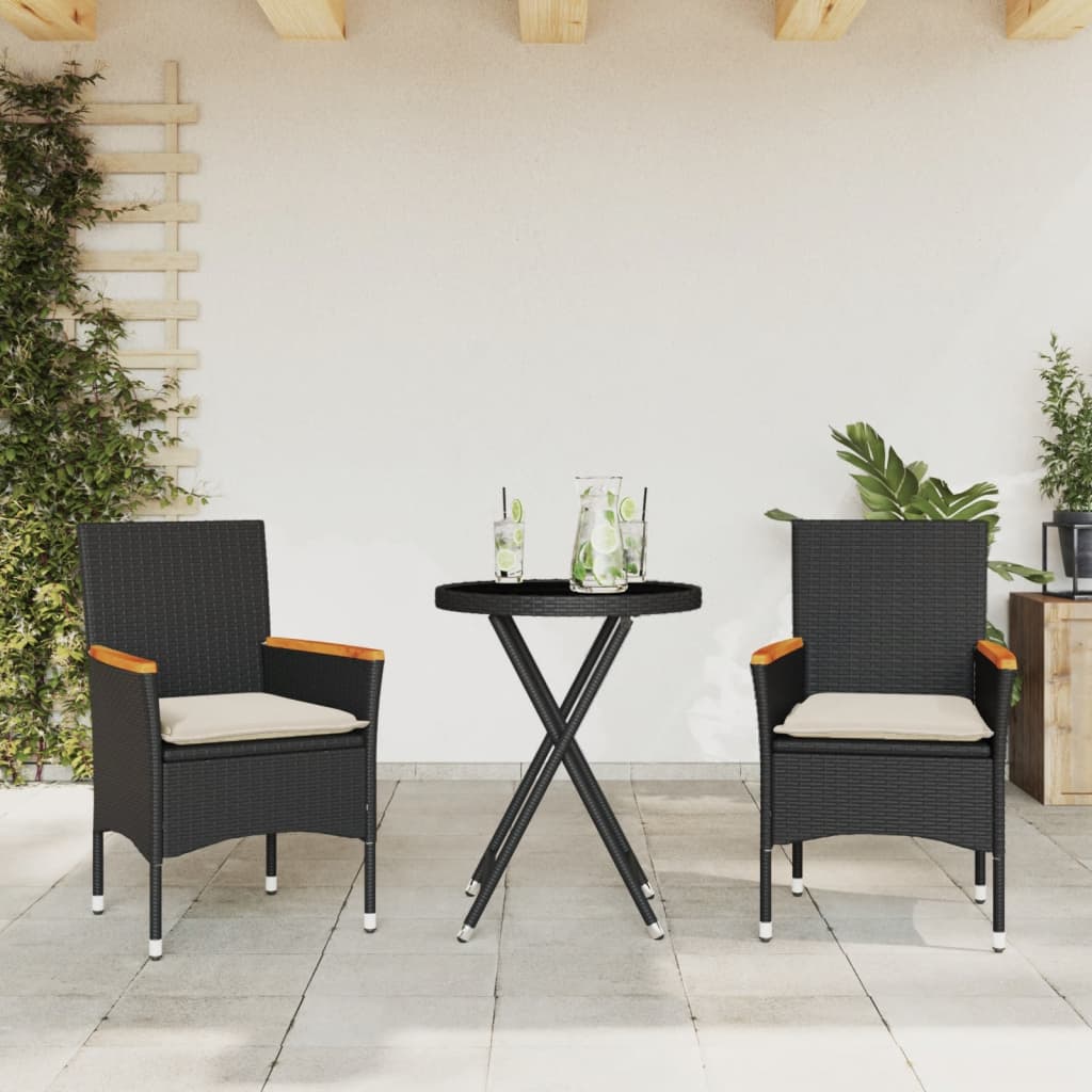 3-delige Bistroset met kussens poly rattan en glas zwart is nu te koop bij PeponiXL, paradijselijk wonen!
