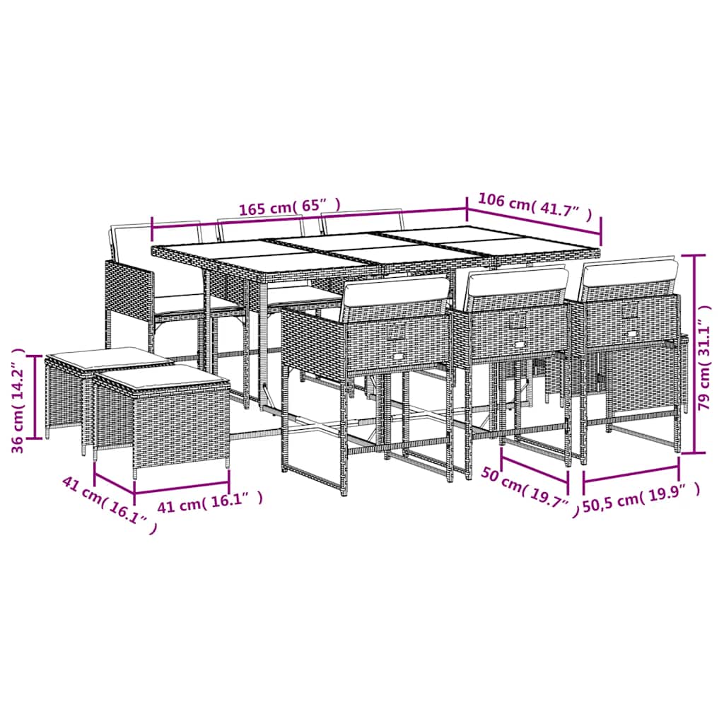 11-delige Tuinset met kussens poly rattan grijs