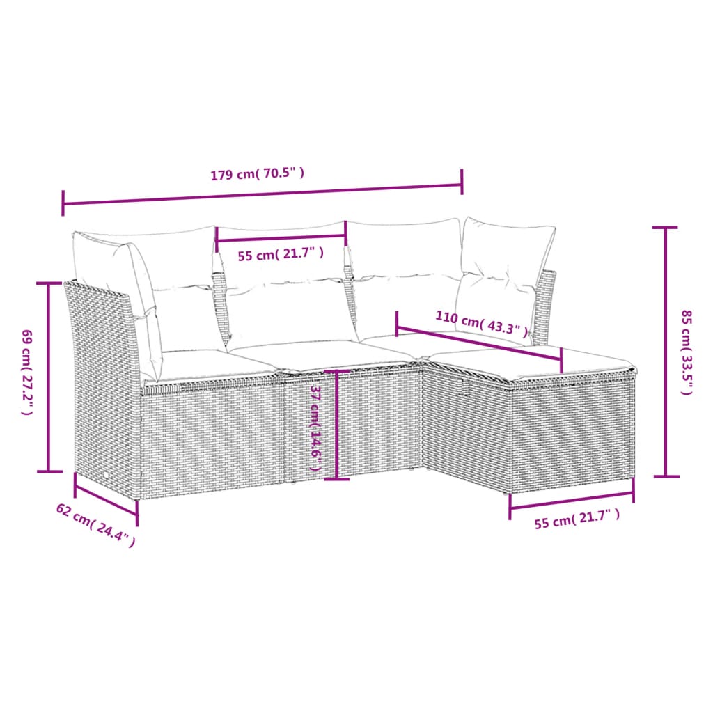 4-delige Loungeset met kussens poly rattan grijs is nu te koop bij PeponiXL, paradijselijk wonen!