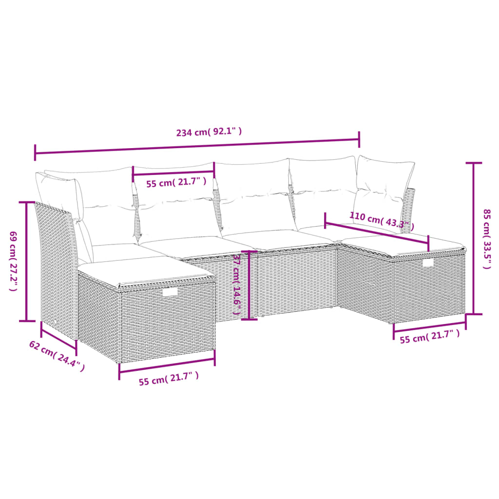 6-delige Loungeset met kussens poly rattan beige