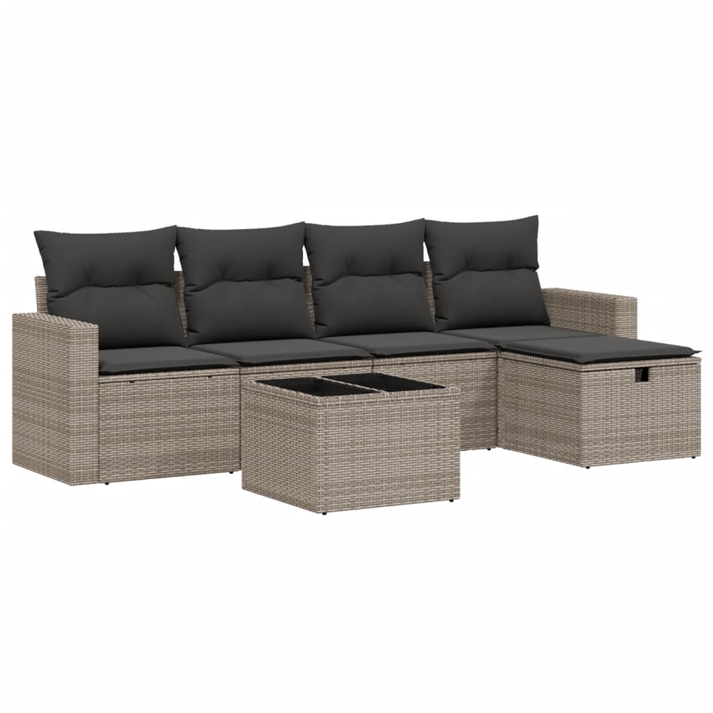 6-delige Loungeset met kussens poly rattan grijs