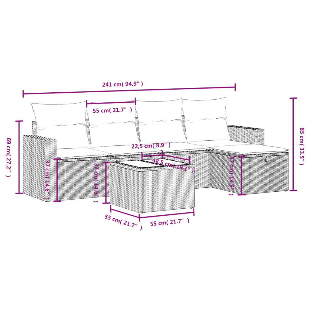 6-delige tuinbankset met kussens, bruin polyrotan is nu te koop bij PeponiXL, paradijselijk wonen!