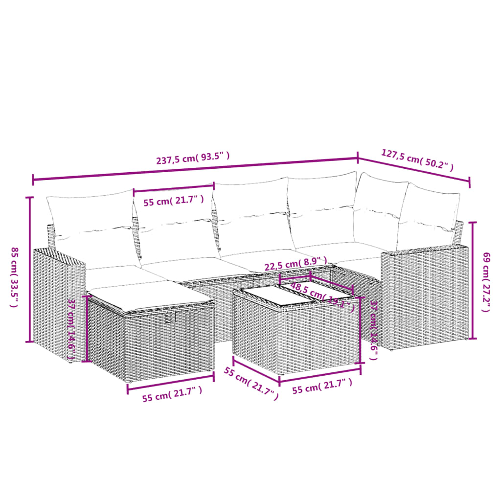 7-delige Loungeset met kussens poly rattan gemengd beige is nu te koop bij PeponiXL, paradijselijk wonen!