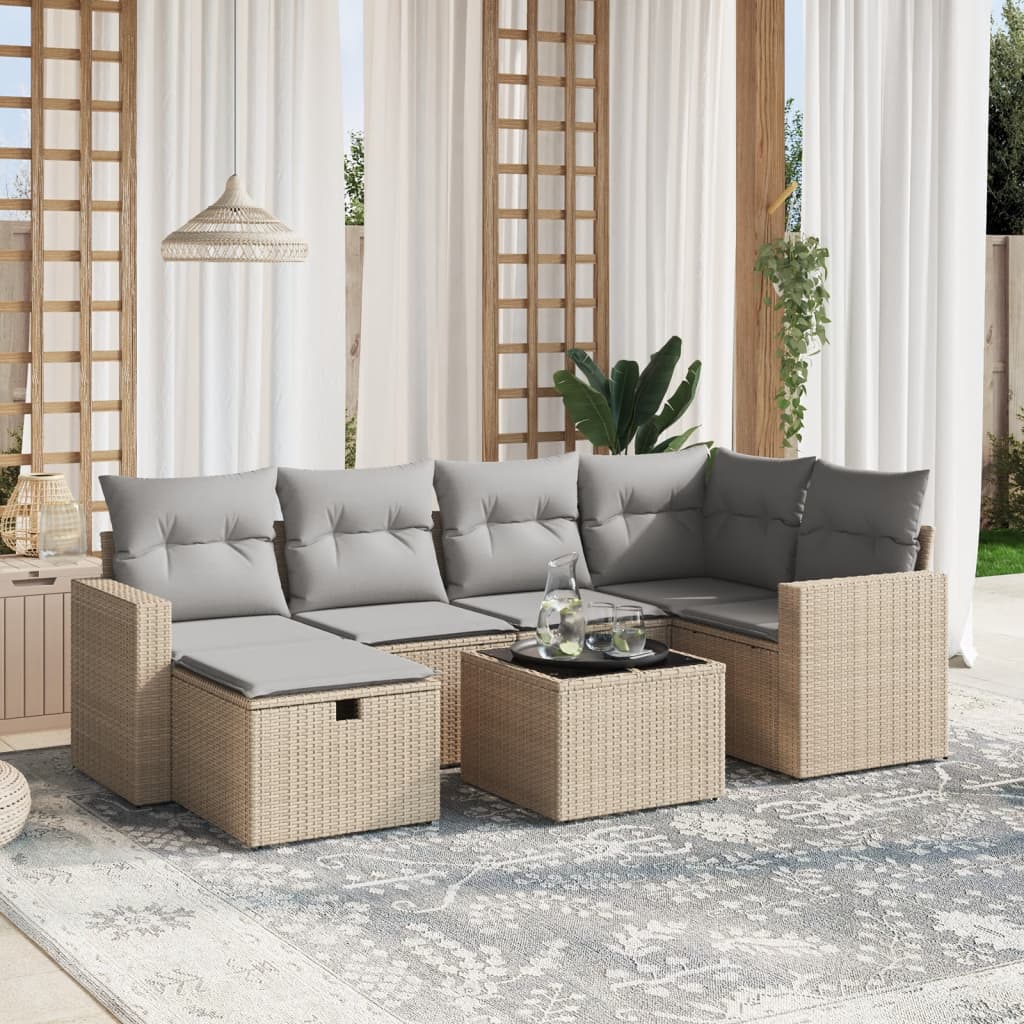 7-delige Loungeset met kussens poly rattan gemengd beige is nu te koop bij PeponiXL, paradijselijk wonen!