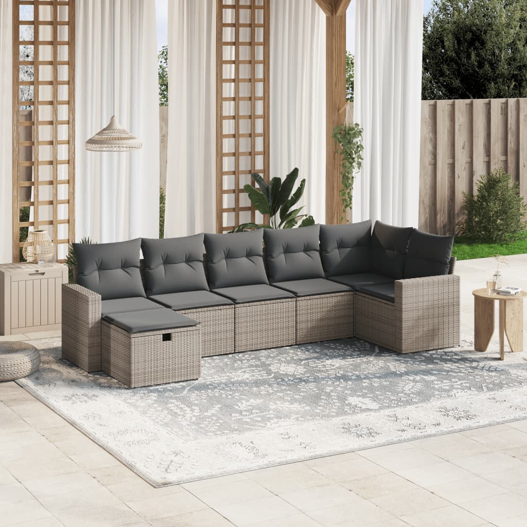 7-delige Loungeset met kussens poly rattan grijs