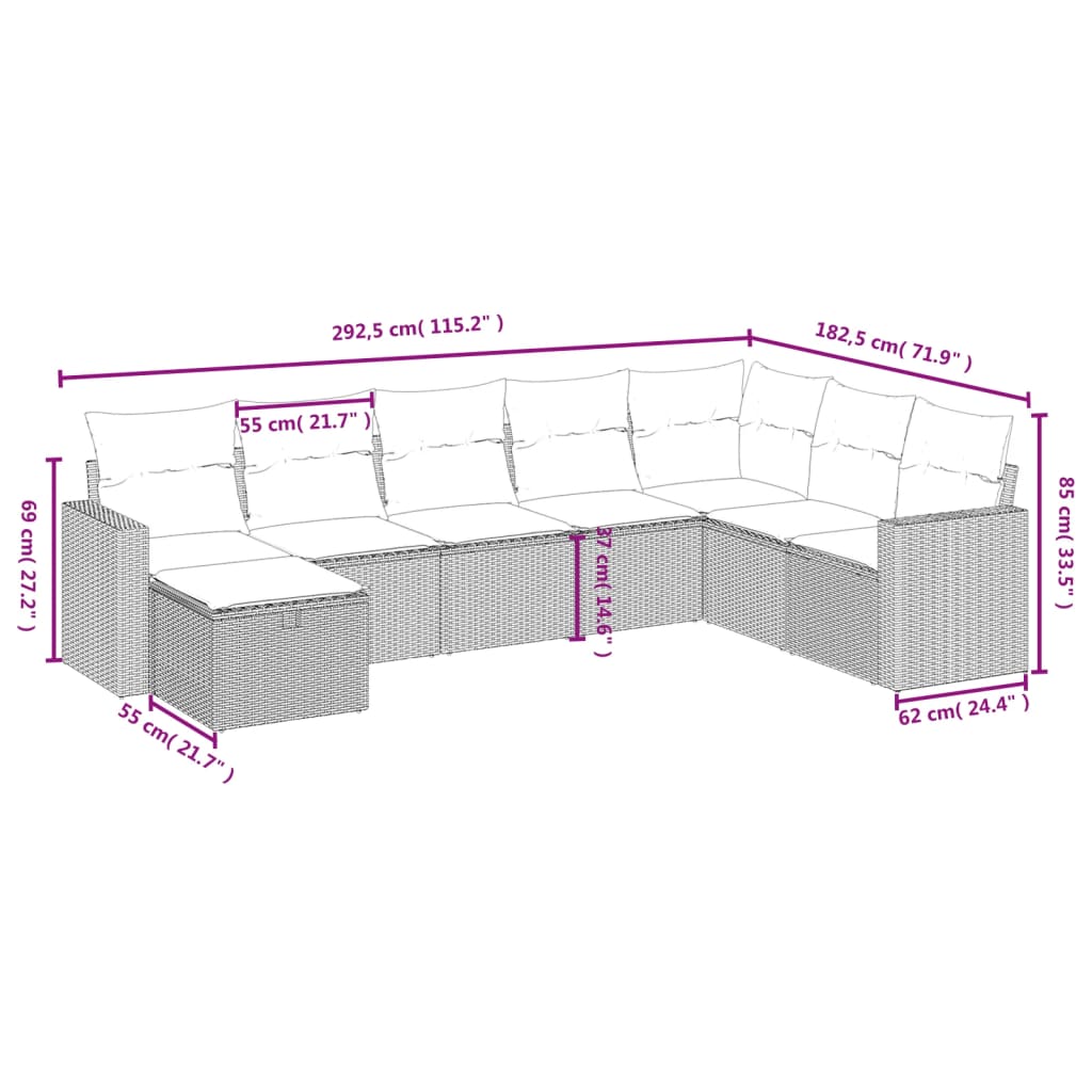 8-delige Loungeset met kussens poly rattan gemengd beige