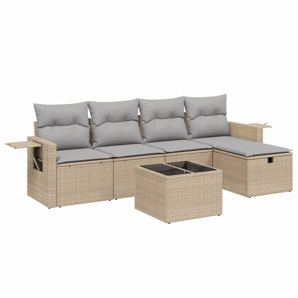 6-delige Loungeset met kussens poly rattan gemengd beige