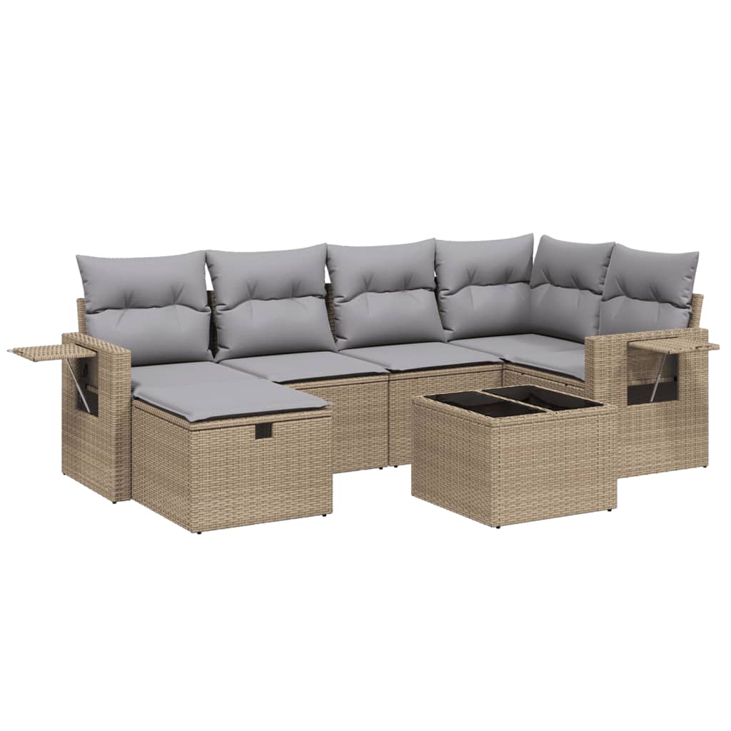 7-delige Loungeset met kussens poly rattan gemengd beige