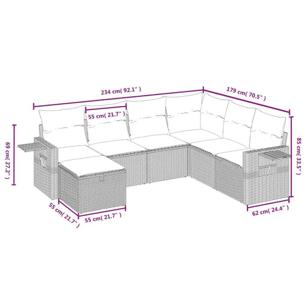 7-delige Loungeset met kussens poly rattan gemengd beige