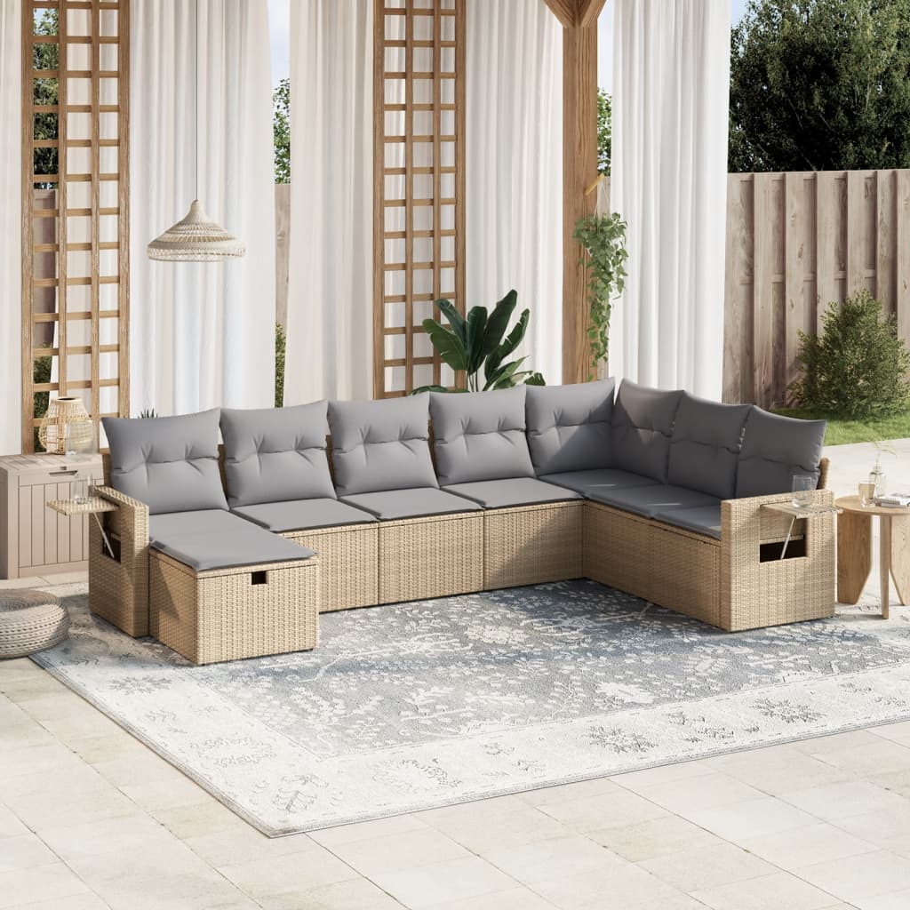 8-delige Loungeset met kussens poly rattan gemengd beige