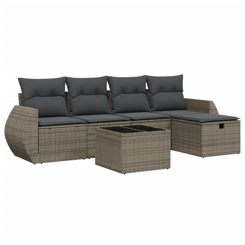 6-delige Loungeset met kussens poly rattan grijs