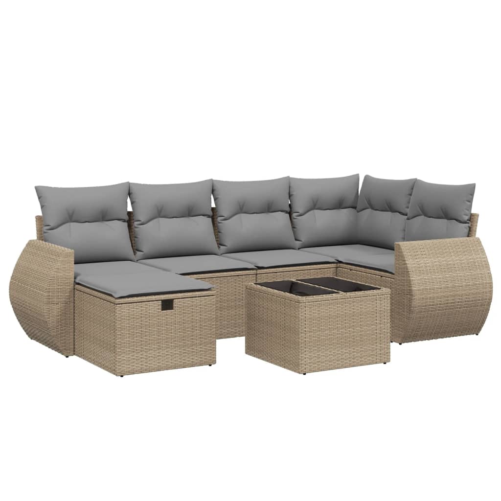 7-delige Loungeset met kussens poly rattan gemengd beige