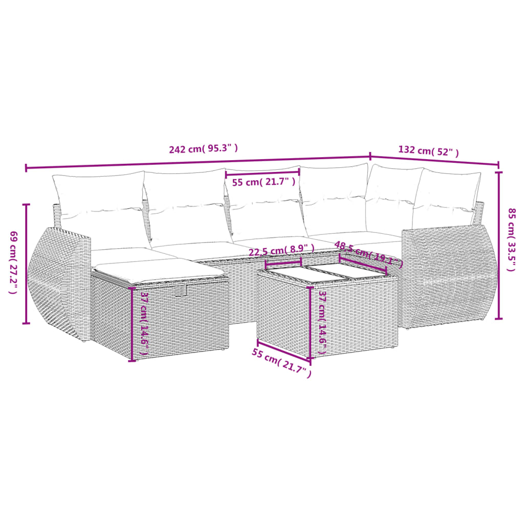 7-delige Loungeset met kussens poly rattan gemengd beige