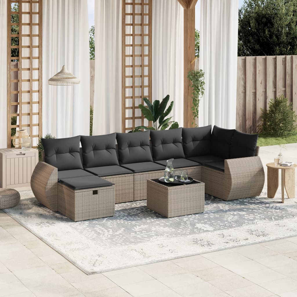 8-delige Loungeset met kussens poly rattan grijs