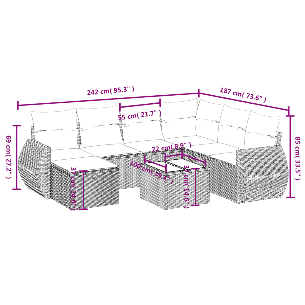 8-delige tuinbankset met kussens, grijs polyrotan is nu te koop bij PeponiXL, paradijselijk wonen!