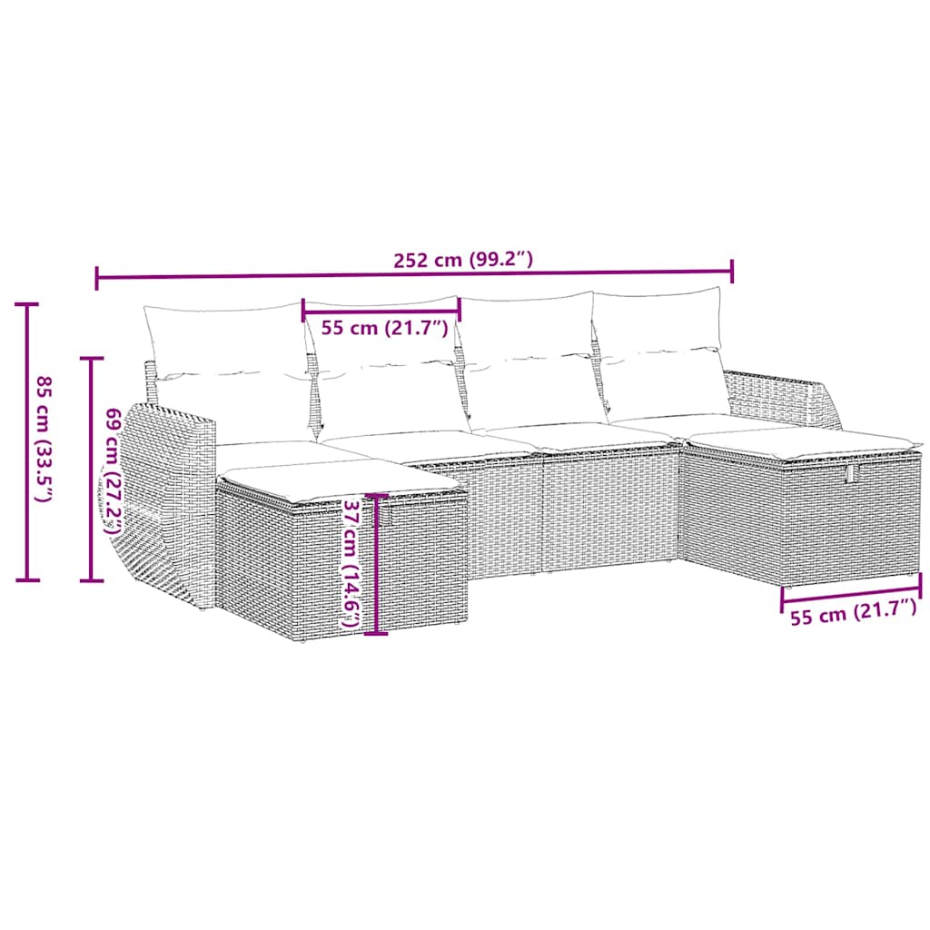 6-delige Loungeset met kussens poly rattan lichtgrijs