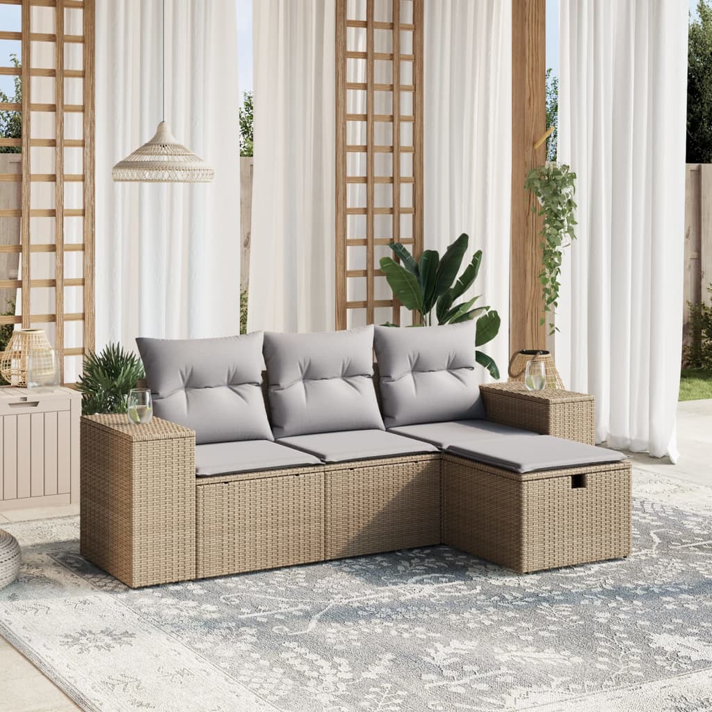 4-delige Loungeset met kussens poly rattan gemengd beige