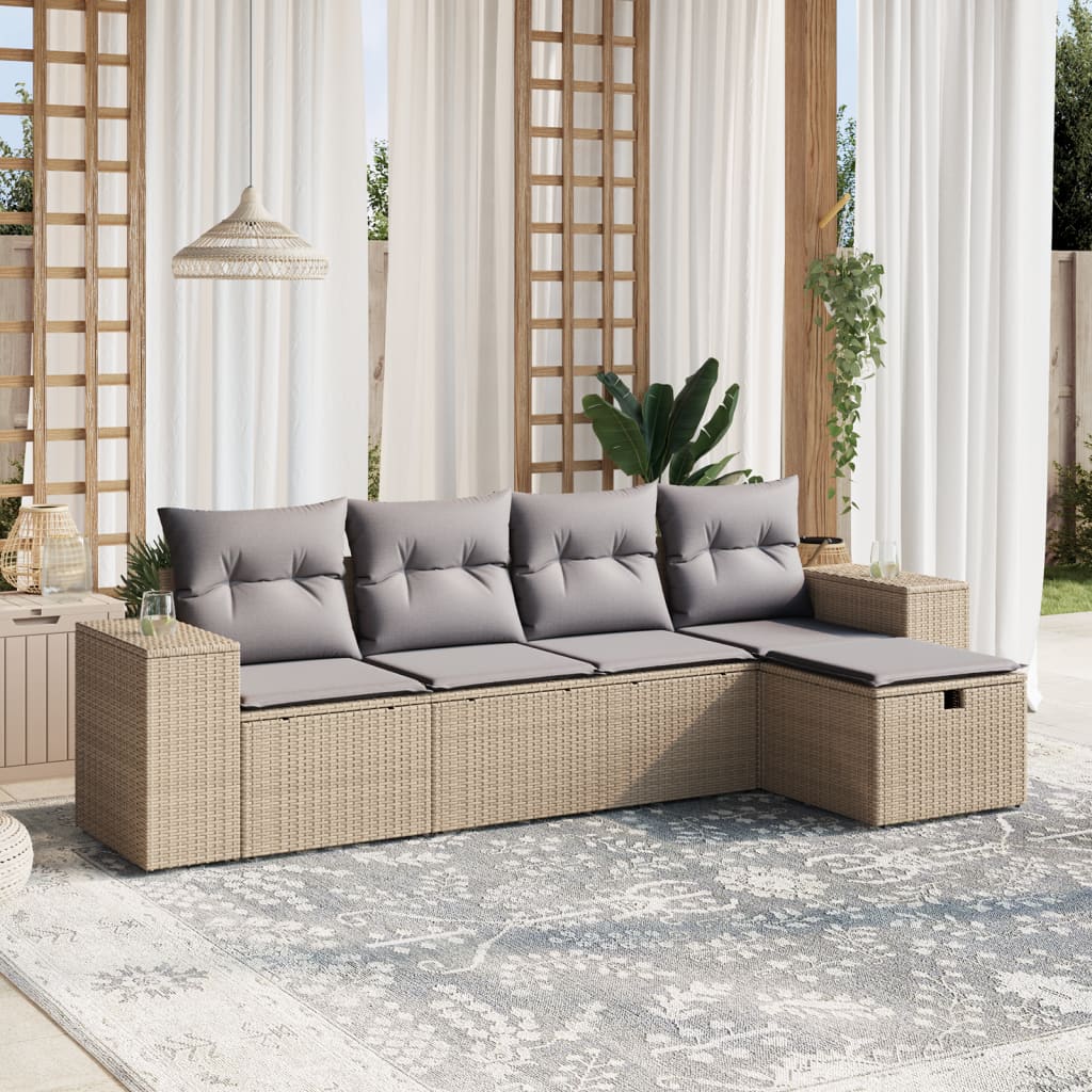 5-delige Loungeset met kussens poly rattan gemengd beige