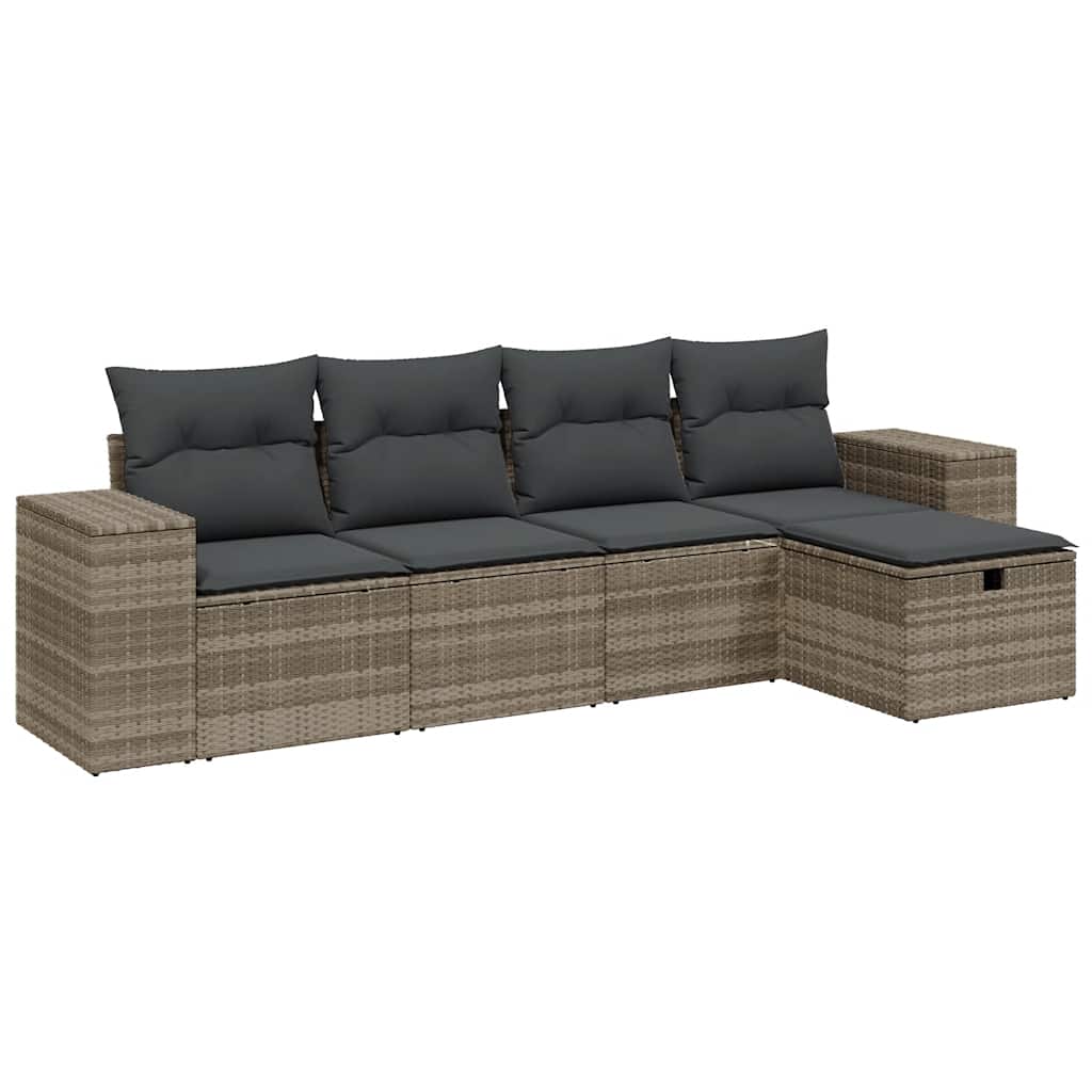 5-delige Loungeset met kussens poly rattan lichtgrijs