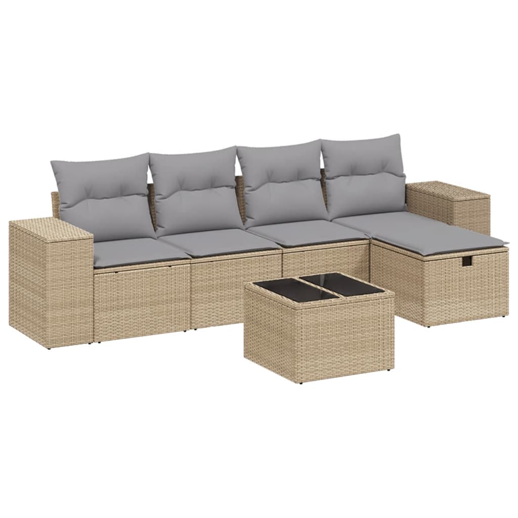 6-delige Loungeset met kussens poly rattan gemengd beige