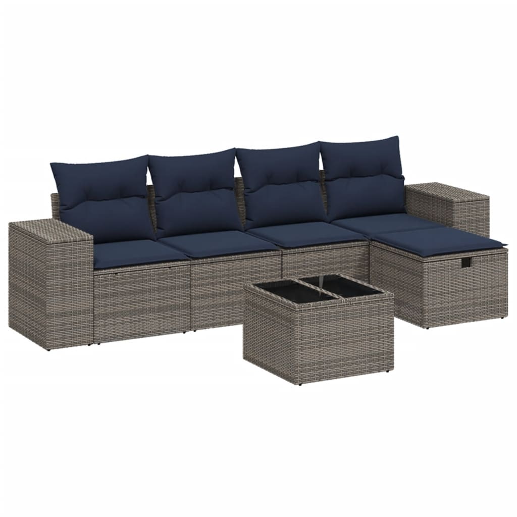 6-delige Loungeset met kussens poly rattan grijs