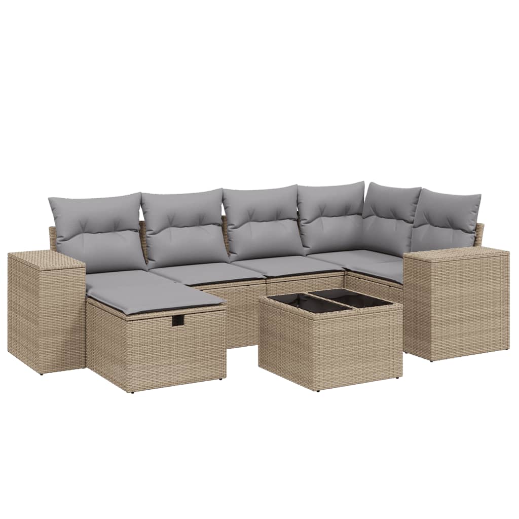 7-delige Loungeset met kussens poly rattan gemengd beige