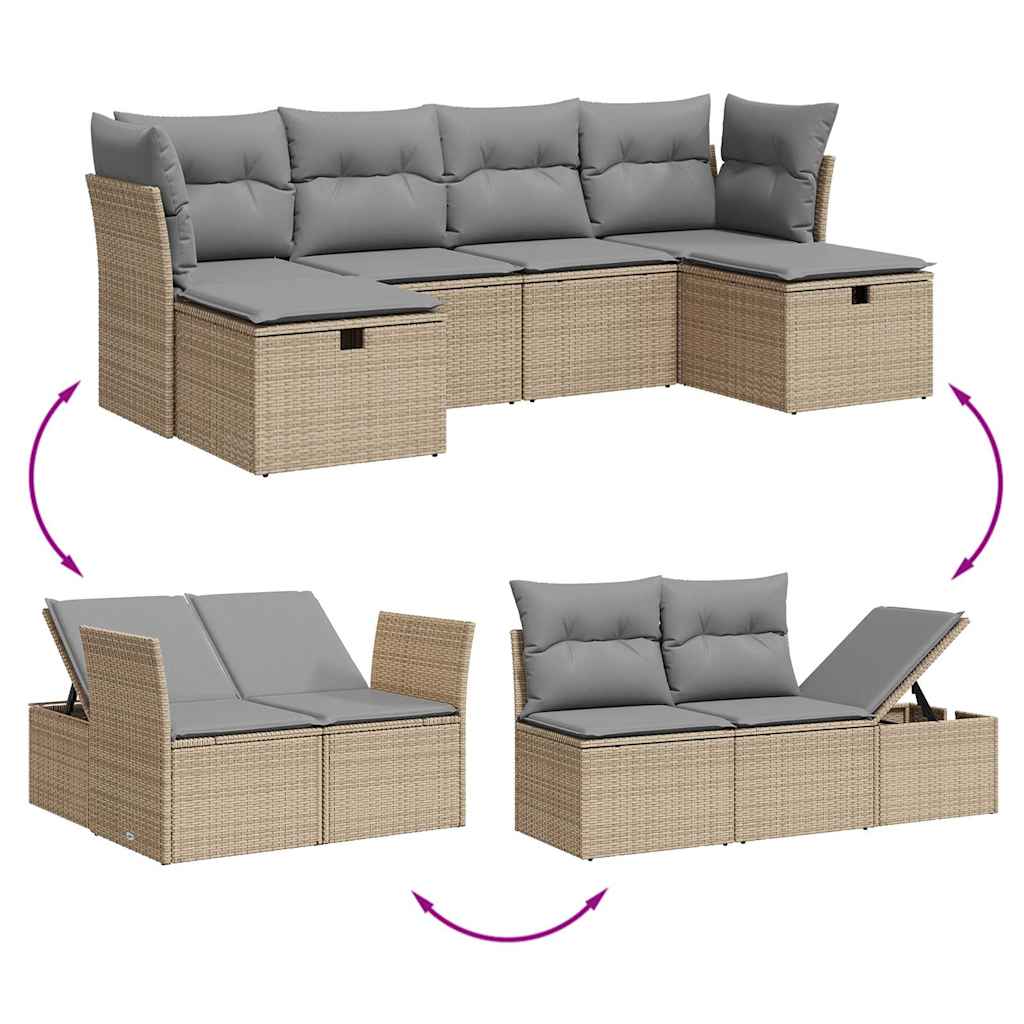 6-delige Loungeset met kussens poly rattan gemengd beige