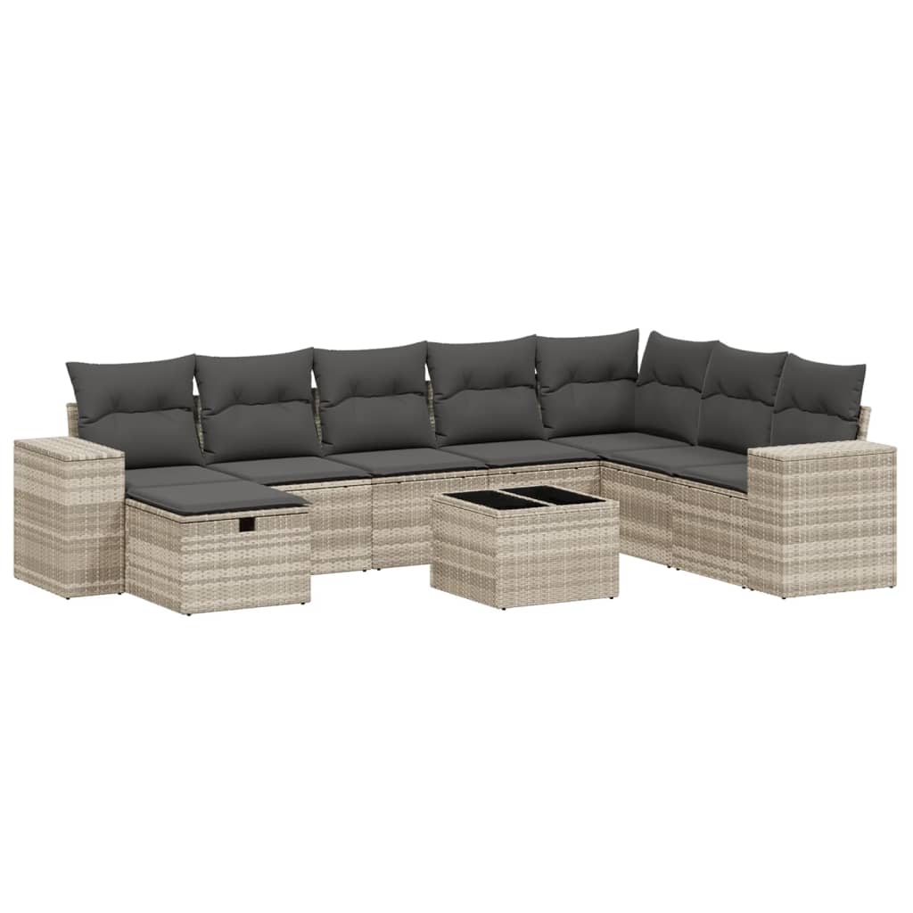 9-delige Loungeset met kussens poly rattan lichtgrijs