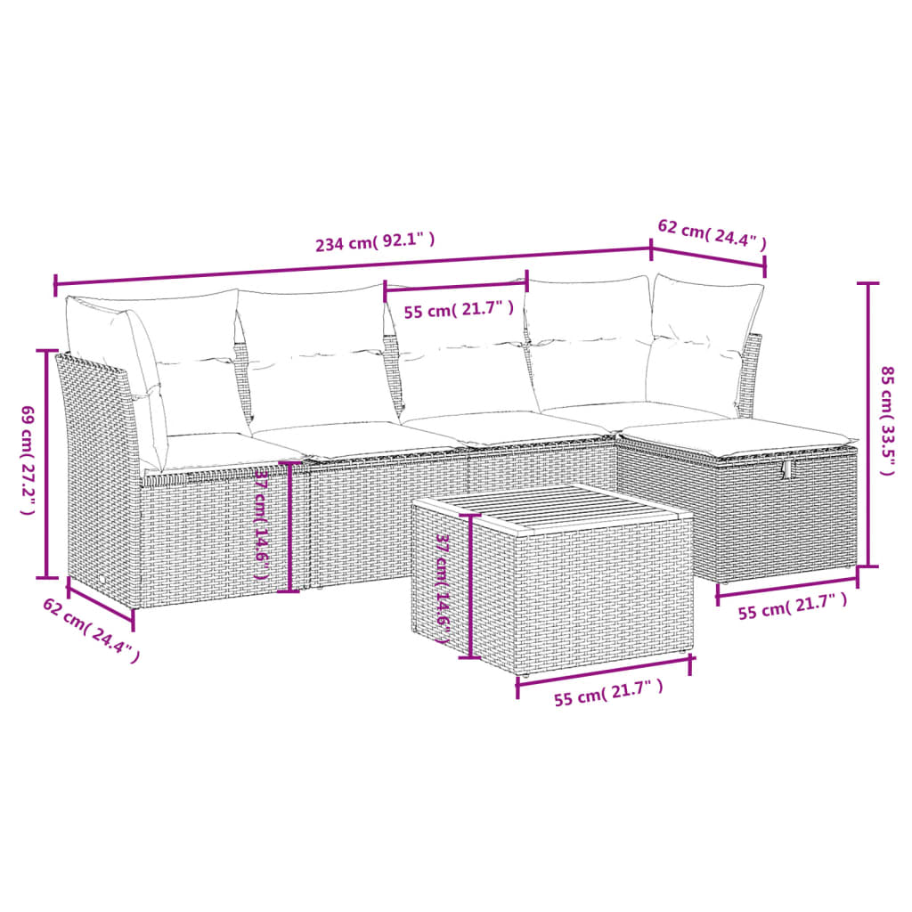 6-delige Loungeset met kussens poly rattan gemengd beige