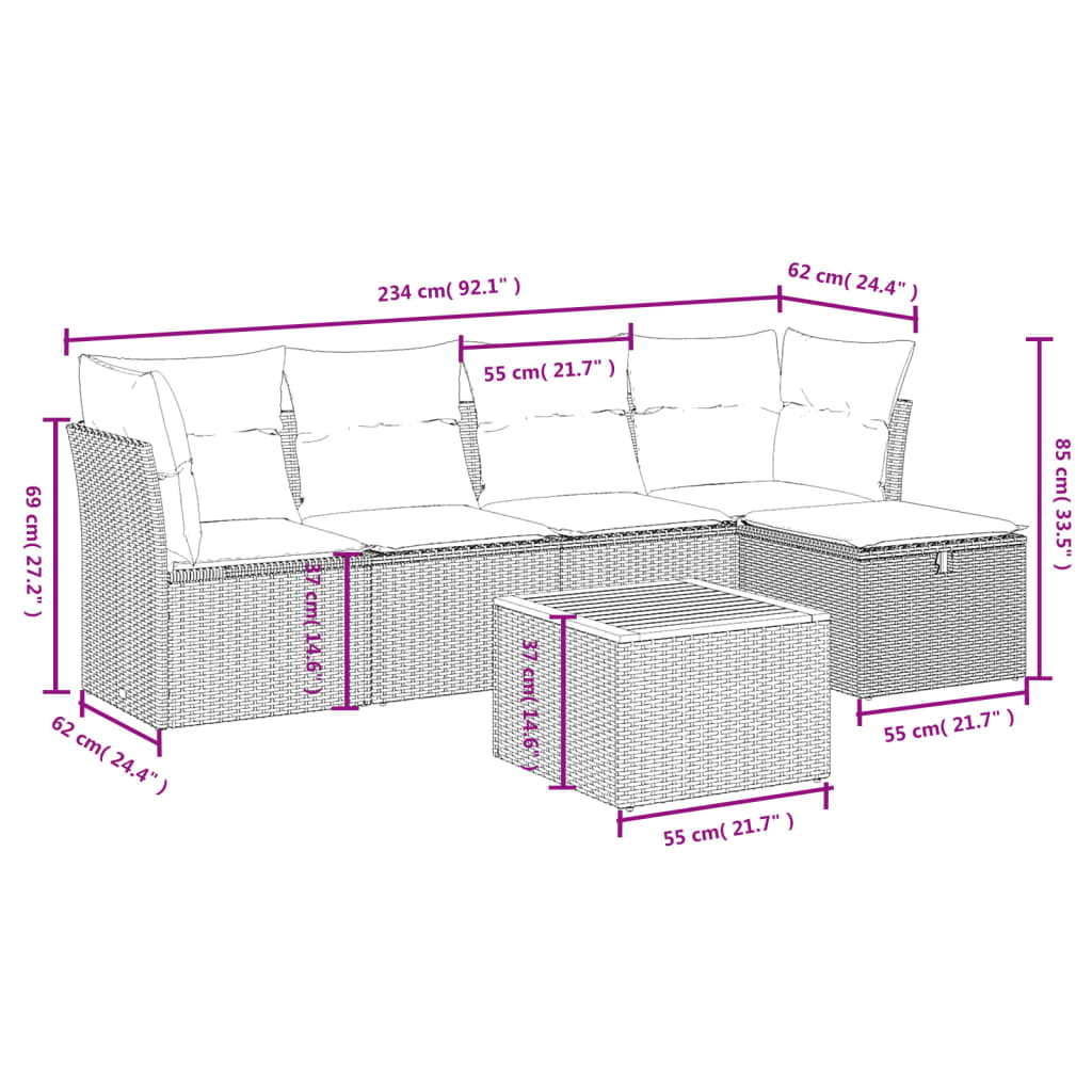 6-delige Loungeset met kussens poly rattan grijs
