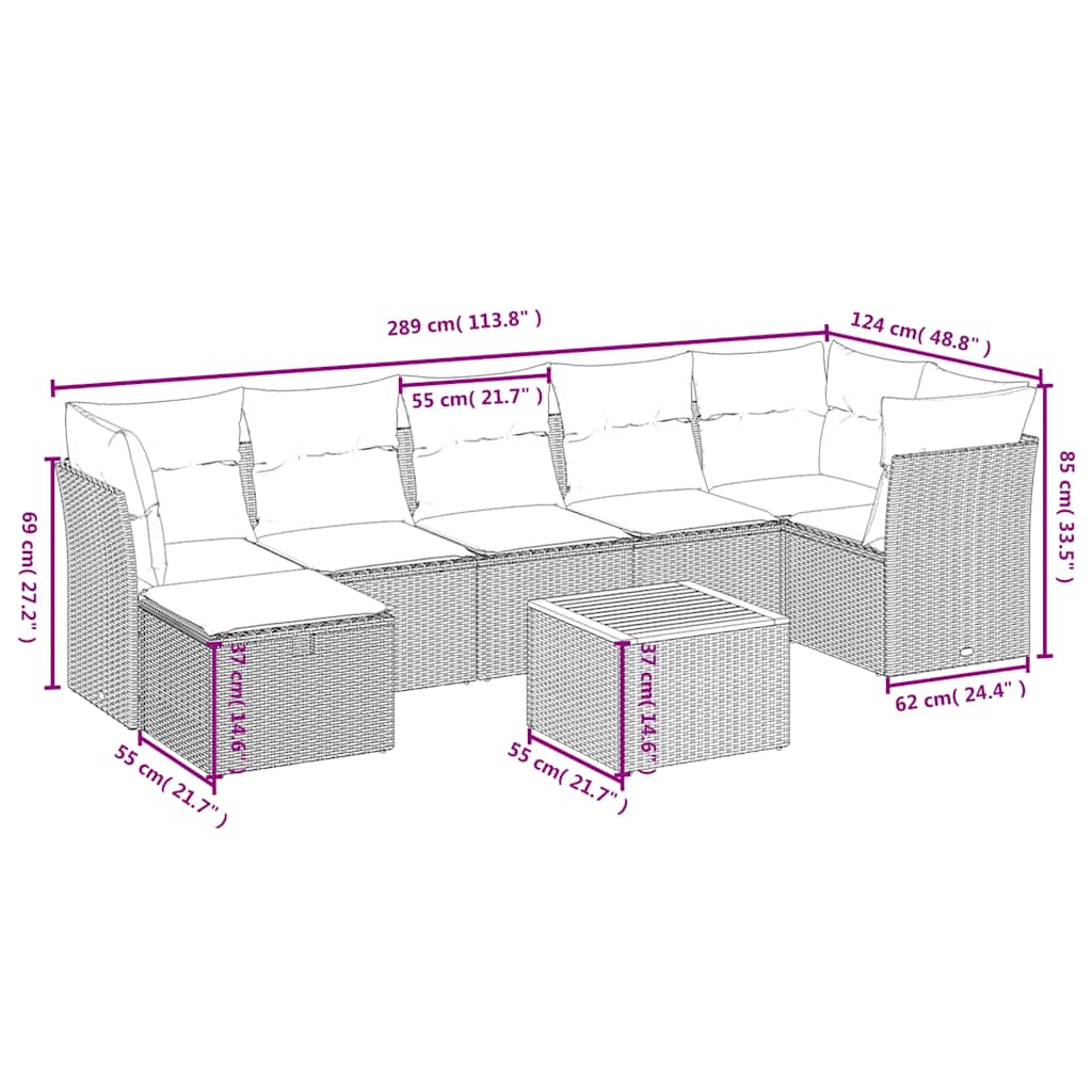 8-delige Loungeset met kussens poly rattan gemengd beige