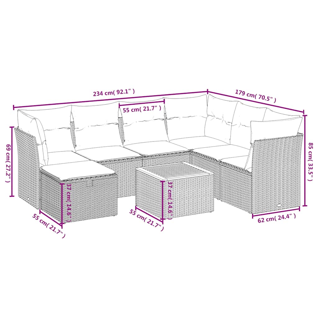 8-delige Loungeset met kussens poly rattan grijs